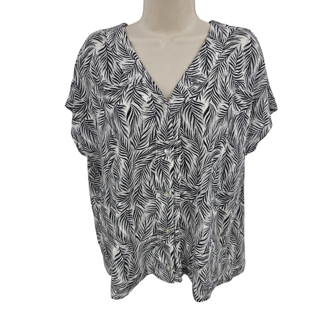 Tahari Linen Blend Top Women L White Black Palm Leaf Button V Neck Coastal - Picture 1 of 10